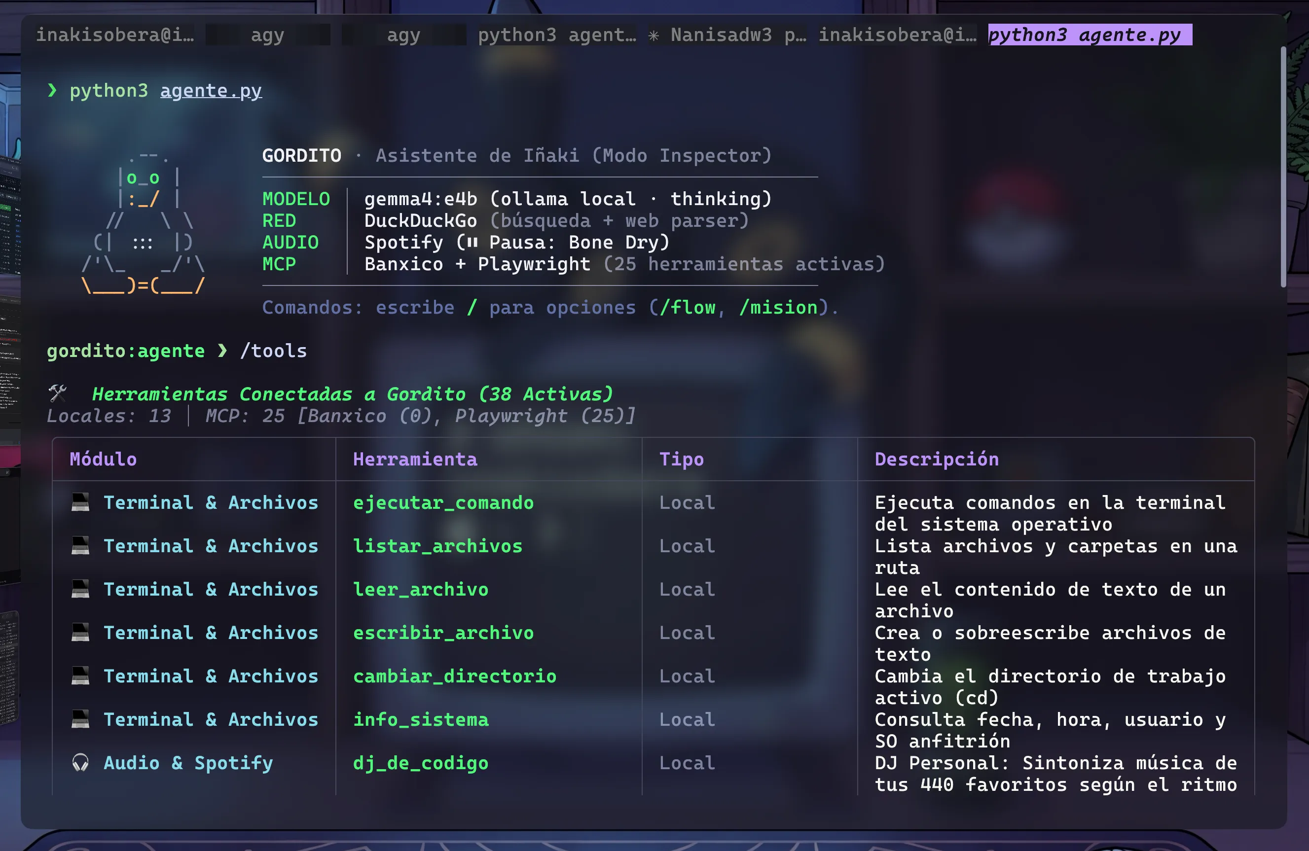 Interfaz de terminal del agente Gordito