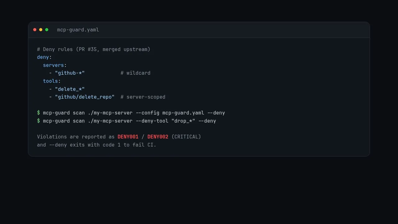 Configuración YAML de reglas de bloqueo de MCP Guard y comandos de ejemplo