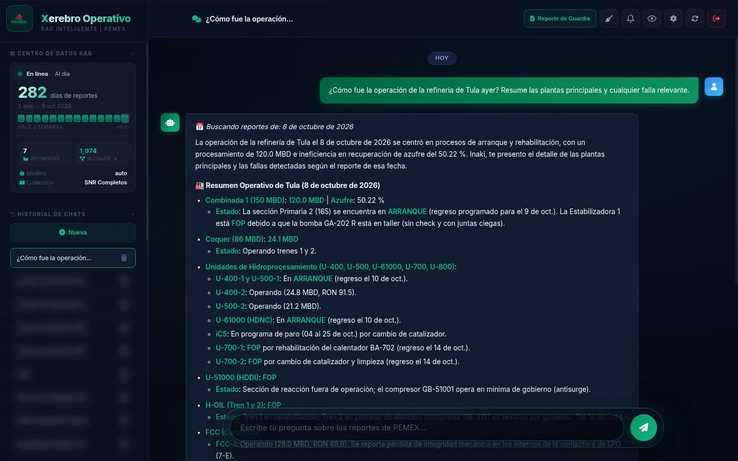 Xerebro respondiendo cómo operó la refinería de Tula, con el resumen por planta y sus fallas